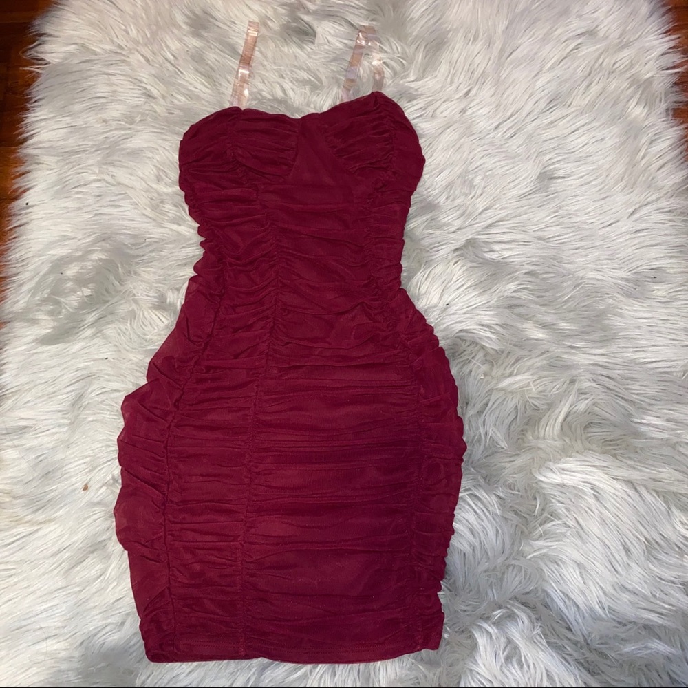 ruched burgundy dress